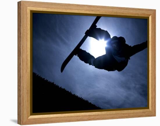 Silhouette of Male Snowboarder Flying over the Vert, Salt Lake City, Utah, USA-Chris Trotman-Framed Premier Image Canvas