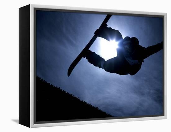 Silhouette of Male Snowboarder Flying over the Vert, Salt Lake City, Utah, USA-Chris Trotman-Framed Premier Image Canvas