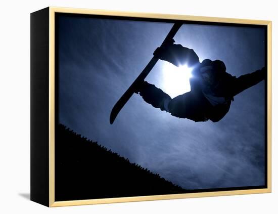 Silhouette of Male Snowboarder Flying over the Vert, Salt Lake City, Utah, USA-Chris Trotman-Framed Premier Image Canvas