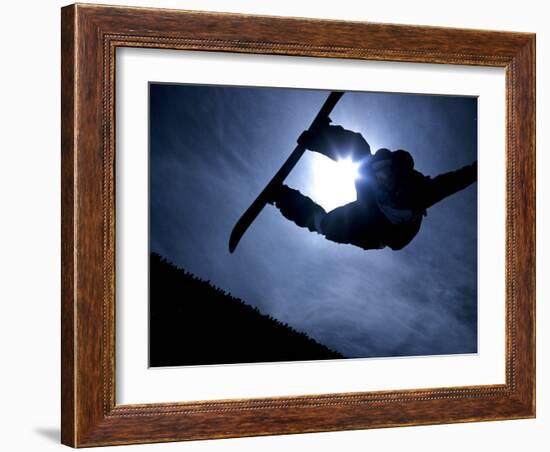 Silhouette of Male Snowboarder Flying over the Vert, Salt Lake City, Utah, USA-Chris Trotman-Framed Photographic Print