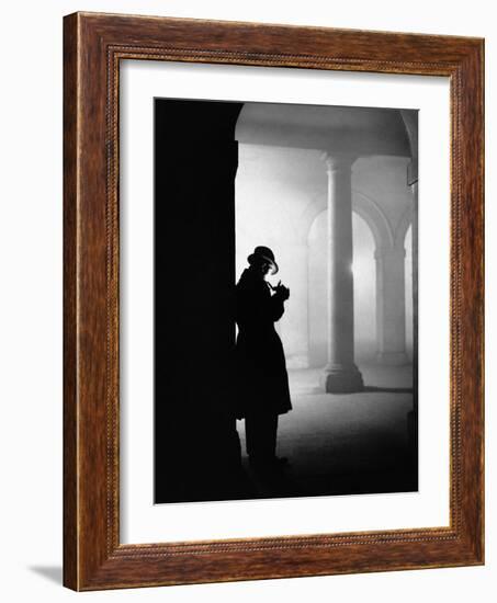 Silhouette of Man Lighting Pipe-null-Framed Photographic Print