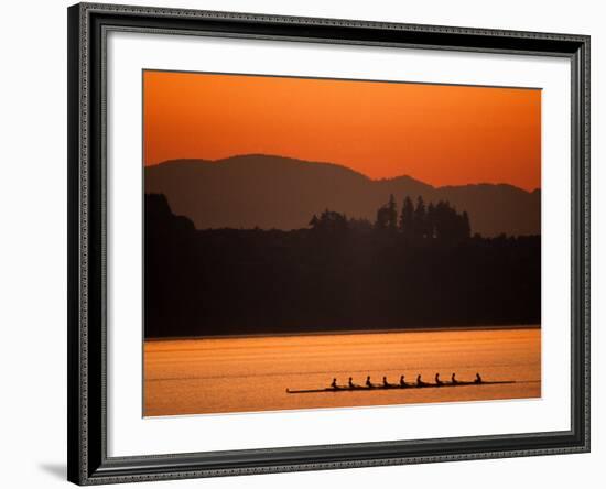 Silhouette of Men's Eights Rowing Team in Action, Vancouver Lake, Washington, USA-null-Framed Photographic Print