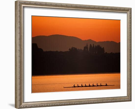 Silhouette of Men's Eights Rowing Team in Action, Vancouver Lake, Washington, USA-null-Framed Photographic Print