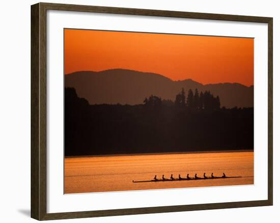 Silhouette of Men's Eights Rowing Team in Action, Vancouver Lake, Washington, USA-null-Framed Photographic Print