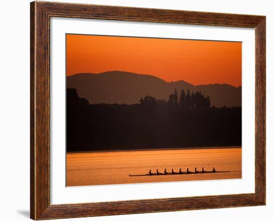 Silhouette of Men's Eights Rowing Team in Action, Vancouver Lake, Washington, USA-null-Framed Photographic Print