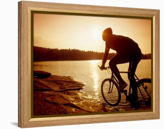 Silhouette of Mountain Biker at Sunset-null-Framed Premier Image Canvas