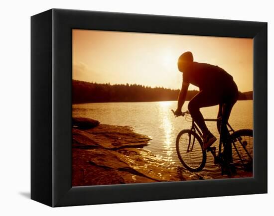 Silhouette of Mountain Biker at Sunset-null-Framed Premier Image Canvas