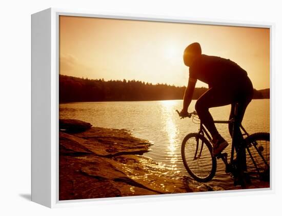 Silhouette of Mountain Biker at Sunset-null-Framed Premier Image Canvas