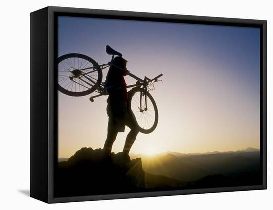 Silhouette of Mountain Biker at the Summit During Sunrise-null-Framed Premier Image Canvas