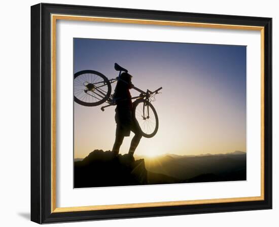 Silhouette of Mountain Biker at the Summit During Sunrise-null-Framed Photographic Print