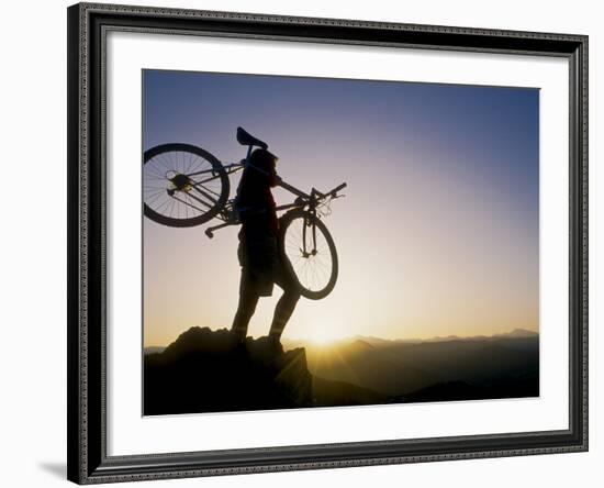 Silhouette of Mountain Biker at the Summit During Sunrise-null-Framed Photographic Print