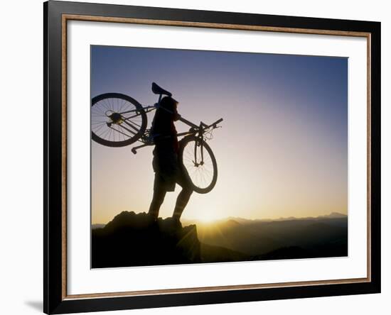 Silhouette of Mountain Biker at the Summit During Sunrise-null-Framed Photographic Print