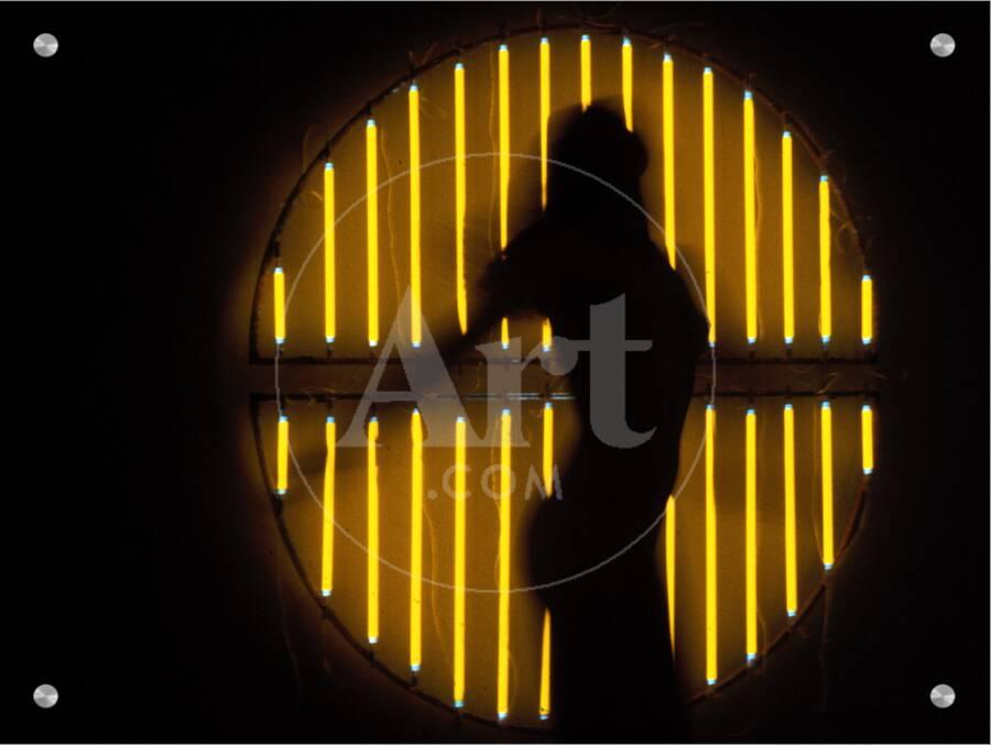 Silhouette Of Nude Woman Standing In Front Of Round Window With Closed Vertical Blinds Art On Acrylic L T Art Com