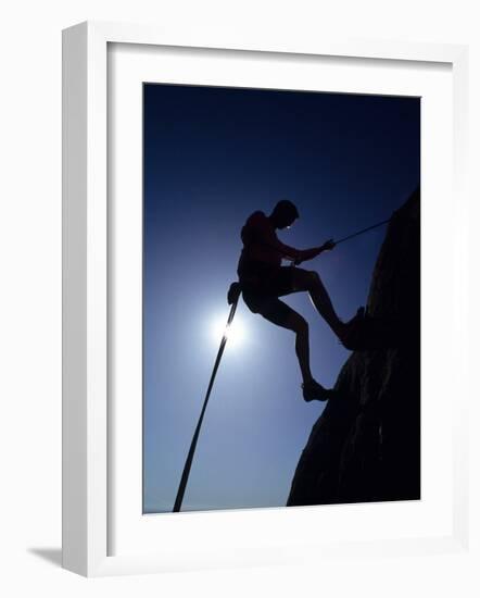 Silhouette of Rock Climber, Boulder, Colorado, USA-null-Framed Photographic Print