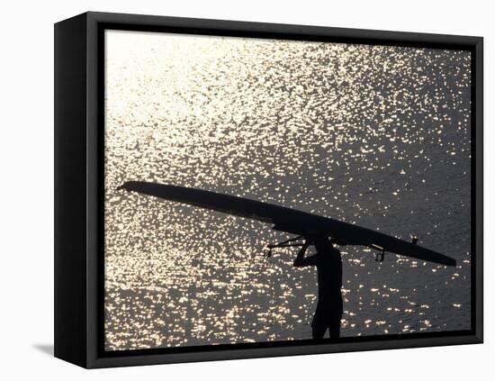 Silhouette of Rower Carrying His Boat, Vancouver Lake, Georgia, USA-null-Framed Premier Image Canvas