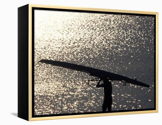 Silhouette of Rower Carrying His Boat, Vancouver Lake, Georgia, USA-null-Framed Premier Image Canvas