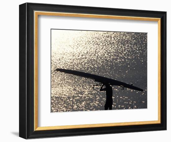 Silhouette of Rower Carrying His Boat, Vancouver Lake, Georgia, USA-null-Framed Photographic Print