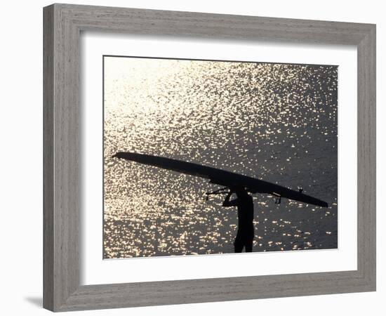 Silhouette of Rower Carrying His Boat, Vancouver Lake, Georgia, USA-null-Framed Photographic Print