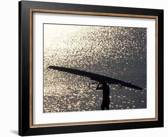 Silhouette of Rower Carrying His Boat, Vancouver Lake, Georgia, USA-null-Framed Photographic Print