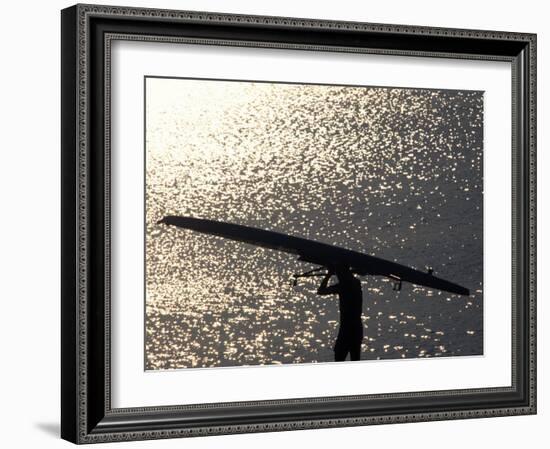 Silhouette of Rower Carrying His Boat, Vancouver Lake, Georgia, USA-null-Framed Photographic Print