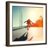 Silhouette of Skateboarder Jumping in City on Background of Promenade and Sea-Maxim Blinkov-Framed Photographic Print