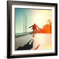 Silhouette of Skateboarder Jumping in City on Background of Promenade and Sea-Maxim Blinkov-Framed Photographic Print