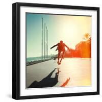 Silhouette of Skateboarder Jumping in City on Background of Promenade and Sea-Maxim Blinkov-Framed Photographic Print