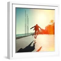 Silhouette of Skateboarder Jumping in City on Background of Promenade and Sea-Maxim Blinkov-Framed Photographic Print