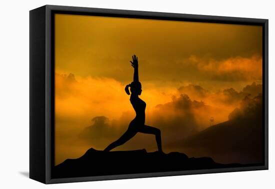 Silhouette of Woman Doing Yoga Meditation During Sunrise with Natural Golden Sunlight on Mountain-szefei-Framed Premier Image Canvas