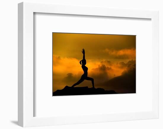 Silhouette of Woman Doing Yoga Meditation During Sunrise with Natural Golden Sunlight on Mountain-szefei-Framed Photographic Print