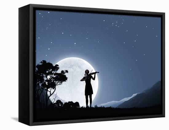 Silhouette of Woman Playing Violin at Night-Sergey Nivens-Framed Premier Image Canvas