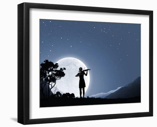 Silhouette of Woman Playing Violin at Night-Sergey Nivens-Framed Photographic Print