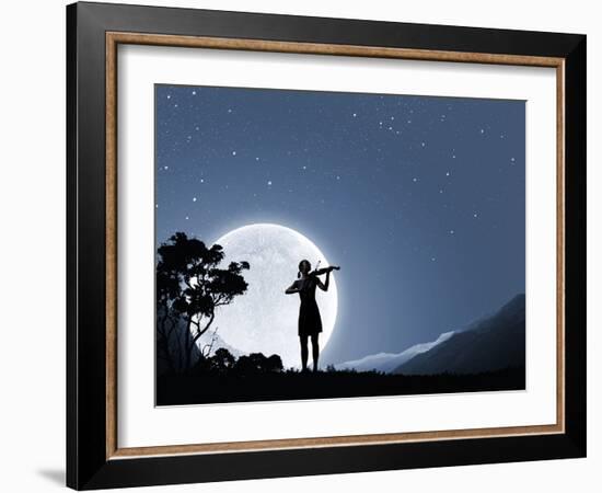 Silhouette of Woman Playing Violin at Night-Sergey Nivens-Framed Photographic Print