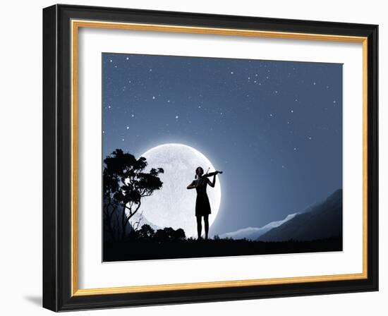 Silhouette of Woman Playing Violin at Night-Sergey Nivens-Framed Photographic Print