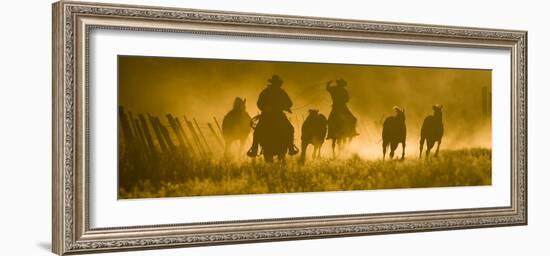 Silhouette of Wranglers Rounding Up Horses, Ponderosa Ranch, Seneca, Oregon, USA-Wendy Kaveney-Framed Photographic Print