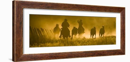 Silhouette of Wranglers Rounding Up Horses, Ponderosa Ranch, Seneca, Oregon, USA-Wendy Kaveney-Framed Photographic Print