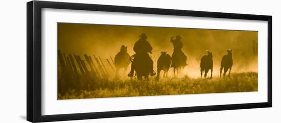 Silhouette of Wranglers Rounding Up Horses, Ponderosa Ranch, Seneca, Oregon, USA-Wendy Kaveney-Framed Photographic Print