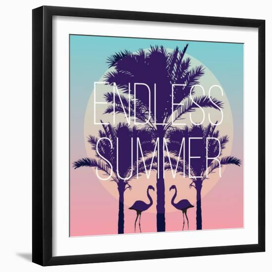 Silhouette Tropic Birds Flamingos and a Banana Palm Tree in the Background Paradise Sunset Vacation-Berry2046-Framed Art Print