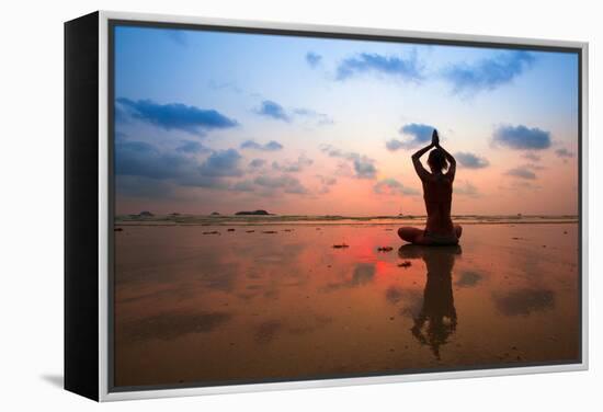 Silhouette Young Woman Practicing Yoga On The Beach At Sunset-De Visu-Framed Stretched Canvas