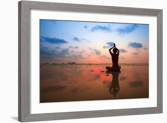 Silhouette Young Woman Practicing Yoga On The Beach At Sunset-De Visu-Framed Premium Giclee Print