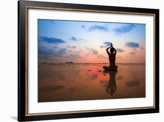 Silhouette Young Woman Practicing Yoga On The Beach At Sunset-De Visu-Framed Premium Giclee Print