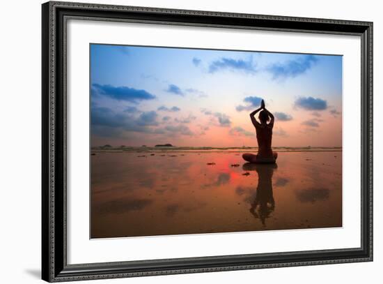 Silhouette Young Woman Practicing Yoga On The Beach At Sunset-De Visu-Framed Art Print