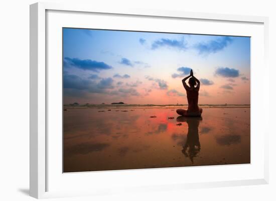 Silhouette Young Woman Practicing Yoga On The Beach At Sunset-De Visu-Framed Art Print