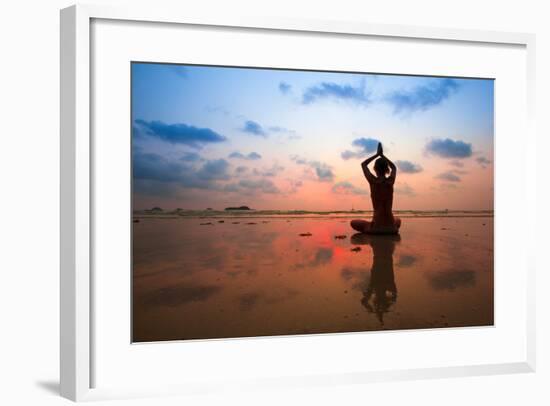 Silhouette Young Woman Practicing Yoga On The Beach At Sunset-De Visu-Framed Art Print