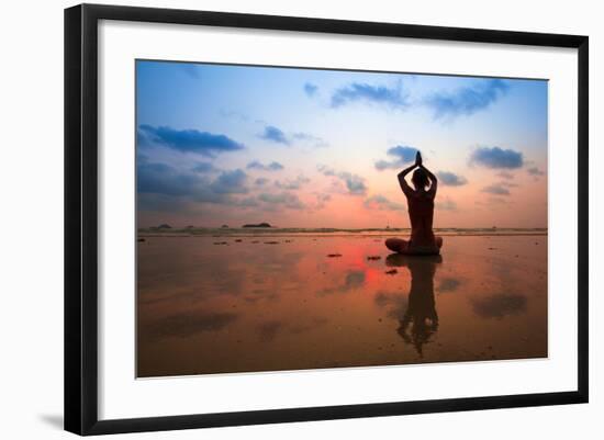 Silhouette Young Woman Practicing Yoga On The Beach At Sunset-De Visu-Framed Art Print