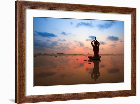 Silhouette Young Woman Practicing Yoga On The Beach At Sunset-De Visu-Framed Art Print