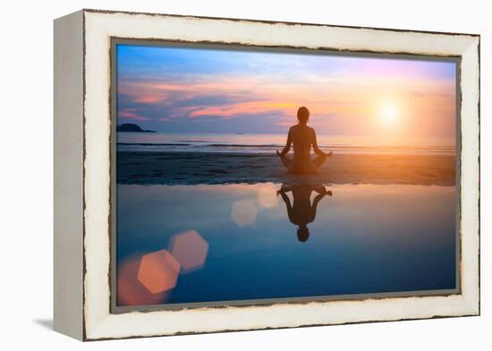 Silhouette Young Woman Practicing Yoga on the Beach at Sunset-De Visu-Framed Premier Image Canvas