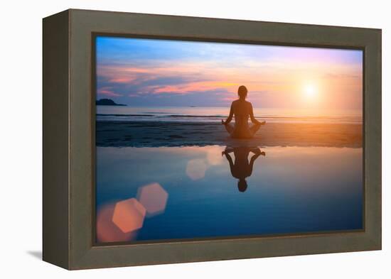 Silhouette Young Woman Practicing Yoga on the Beach at Sunset-De Visu-Framed Premier Image Canvas