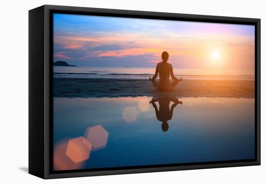 Silhouette Young Woman Practicing Yoga on the Beach at Sunset-De Visu-Framed Premier Image Canvas