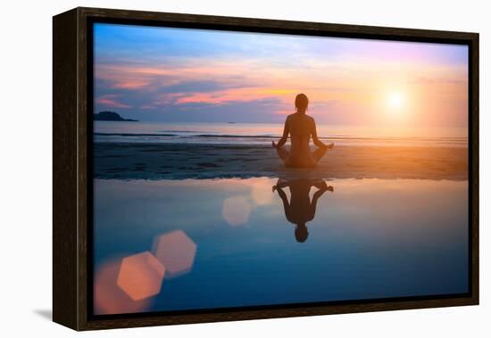 Silhouette Young Woman Practicing Yoga on the Beach at Sunset-De Visu-Framed Premier Image Canvas